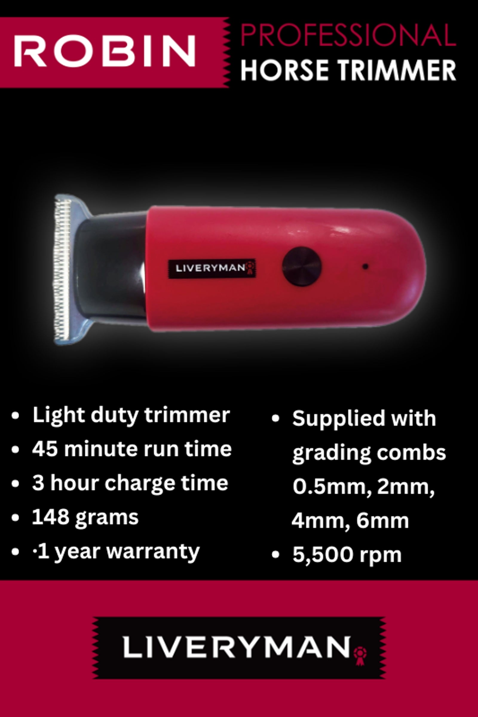 Liveryman Robin Equine Trimmer Horse Clipping & Trimming Tools